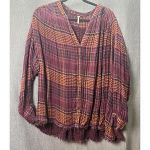 Free‎ People Women's M Come On Over Plaid Button Up Raw Hem Oversized Flannel